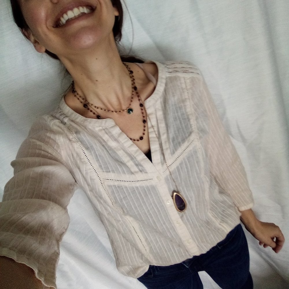 Cream Hemstiched button down blouse M